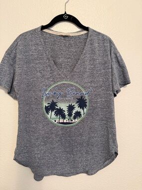 Size M Lucky Brand Women's Gray V-Neck Palm Graphic Tee